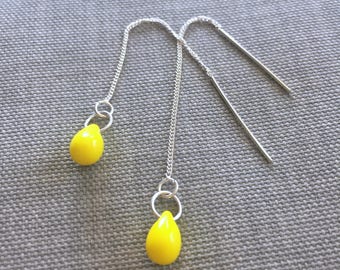 Bright Yellow Earrings • Lemon drop earrings • Sterling Silver chain Threader earrings • Canary yellow dangle teardrop earrings • CUTE!