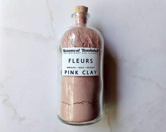 Fleurs Rose-Hibiscus-Rosehip French Pink Clay Powder/Rose Petals, Wild Rose & Hibiscus Flowers/Softening and Brightening Mask 2.5 oz 75 mL