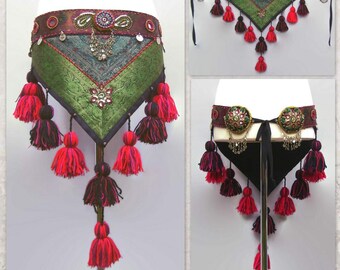 38” 97 cm Tassels Belt Hip Scarf, ATS Costume Belt, Tribal Belly Dance Belt, Green Hip Scarf, Tassels Hip Wrap, Tassels Hip Scarf, Hip Shawl