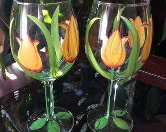 Tulip Hand Painted Wine Glasses, Red and Yellow Flowers, One Stroke Painting (Set of 2)