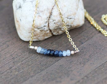 Natural Ombre Sapphire Necklace 14K Gold Vermeil , Delicate Layering , Line Necklace , From Canada , 5th 45th Anniversary , OOAK