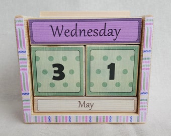 Calendar, wood block perpetual calendar, wood decoupage, desk top calendar
