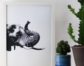 Elephant Print, Black and White Print, 29.7 cm x 42 cm, Poster, A3 Art Print, Animal Print, Screen Print, Gift Idea, Print