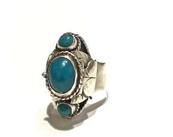 Vintage POISON RING Taxco Sterling Silver and Turquoise Size 6.5 ADJUSTABLE Poison Ring Mid Century Southwestern Style Or Boho Style Ring