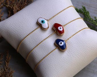 Heart Shape Evil Eye Bracelet,Minimal Bracelet, Tiny Bracelet, Gold Plated Bracelet, Wholesale Bracelet, Women Bracelet, Protection Bracelet