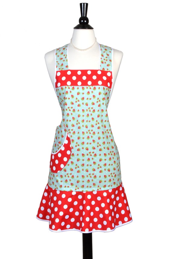 Womens Ruffled Apron Flirty Flounce Strawberries on Aqua Red