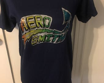 Aerosmith 1970s Vintage 70s Glitter Iron On T-Shirt VTG Navy Blue Green Yellow Orange Unisex Band Tee