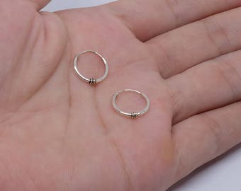Tribal Bali Indian Hoop Sterling Silver Earrings, Unisex Hoop Earrings, Sterling Silver Jewelry