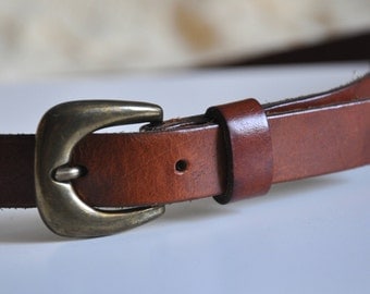 Vintage brown leather belt, thin leather belt, real leather belt, 80cm, Made in Holland