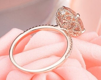 Oval Cut Morganite Engagement Rings Rose Gold Bridal Jewelry Set Art Deco Diamond Half Eternity Band Unique Anniversary Gifts For Women Her