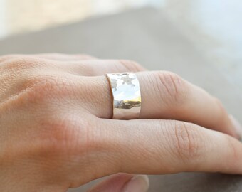 Wide band hammered sterling silver ring, 10 mm sterling silver ring, wide band silver ring
