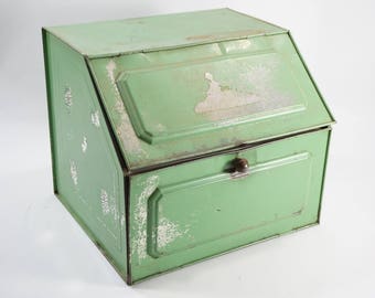 Bread Box, Vintage Rectangular French Green Vented Bread Box, Countertop Kitchen Storage, Pantry, Pie Cabinet, Pie Box, Condition Issues