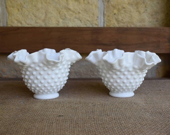 Two (2) Fenton Milk Glass Hobnail Ruffled Edge Small Bowls