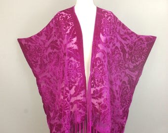 Pink floral burnout velvet fringe tassel handmade kimono jacket One SIze fits all