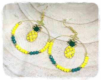 boucles d'oreilles dorées hoop Pine Green and yellow pineapple Canary