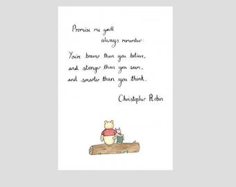 Winnie the Pooh - Quote - Stronger Braver Smarter - Watercolour painting and Calligraphy - Print - gift idea - Available in A4, A5 or A6