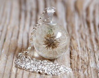 Bridal Necklace, Dandelion Resin Necklace, Silver Chain, Botanical Jewelry, Floral Jewelry, Silver Necklace