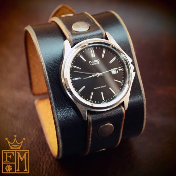 Leather cuff watch Black Unisex vintage style Handmade for YOU in NYC by Freddie Matara!