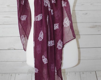 Owl Print Scarf, Purple Owl Scarf, Little White Owls, Year-Round Scarf, Gift for Her