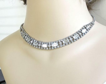 Clear Rhinestone Choker Necklace Vintage Bridal Wedding