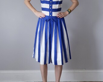 60s blue & white stripe dress pleated sleeveless sundress (s - m)