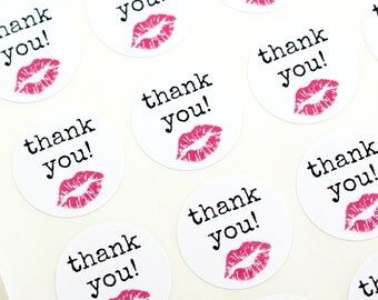 THANK YOU labels with pink lips - typewriter font labels - thank you stickers for makeup & cosmetics, lipsense, lipgloss packages
