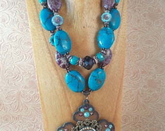 Christian Cowgirl Statement Necklace Set - Chunky Purple Variscite and Turquoise Howlite - Cross Pendant