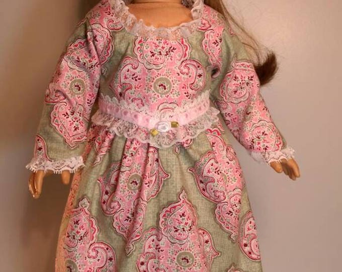 Pink and green medallion print colonial, dress and bloomers for 18 inch dolls
