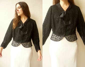 1940's Vintage Black Lace Cropped Evening Jacket With Bow Size M/L