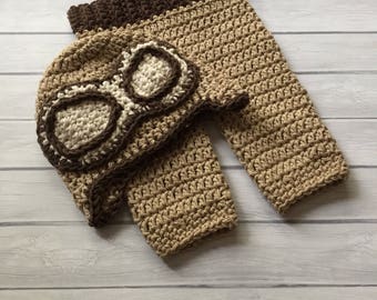 Baby pilot hat, baby aviator hat, crochet pilot hat, baby hat, crochet aviator hat, hat with googles, aviator pants, earflap hat, pilot prop