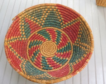 Large 16" Woven Coiled Native American Style Basket Bowl Dark Teal and Red woven design