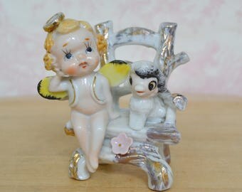 Vintage Cherub Angel on Chair with Lamb Figurine Made in Japan