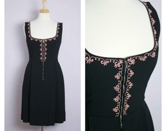 Vintage Black + Pink Embroidery Dirndl Dress M