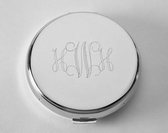 Custom Engraved Compact Mirror Personalized Non Tarnish Nickel Plated Flat Purse Mirror - Hand Engraved