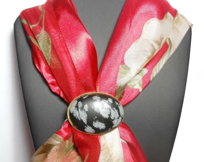 FREE SHIPPING Snowflake obsidian scarf slide, black with gray snowflake markings gold plated, oval opening, clip ring, scarf vintage
