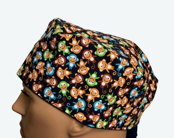 Surgical Scrub Cap - Bunch of Colorful Sock Monkeys on Navy Scrub Hat - unique scrub cap - personalized scrub hat - animals scrub hat