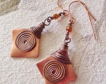 Antique Copper Earrings, wrapped and swirled copper wire, orange glass beads, handmade in Hawaii, FREE SHIPPING