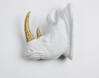 The Goliath in White + Gold Glitter Resin - Rhino Head - White Faux Taxidermy - Faux Taxidermy - Rhino Resin White Faux Taxidermy