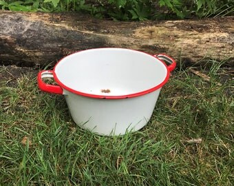 White Enamel Stock Pot with Red Trim and Handles