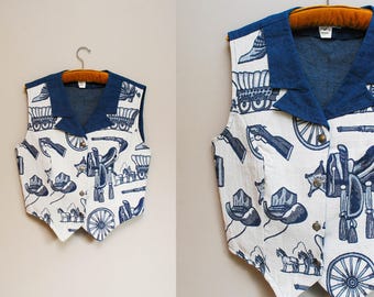 Vintage Western Novelty Print Denim Vest / Cowboy Cowgirl Country Vest / Medium