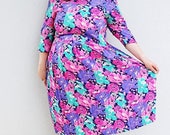CLEARANCE - FINAL SALE - Plus Size - Vintage Pink Floral Pleated Swing Skirt Dress (Size 13/14)