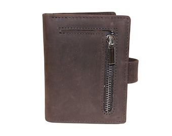 Small Slim Bifold Card Organizer Gray Brown Genuine Leather Unisex Coins Zipper Bill Fold Snaps Window Gift 9643