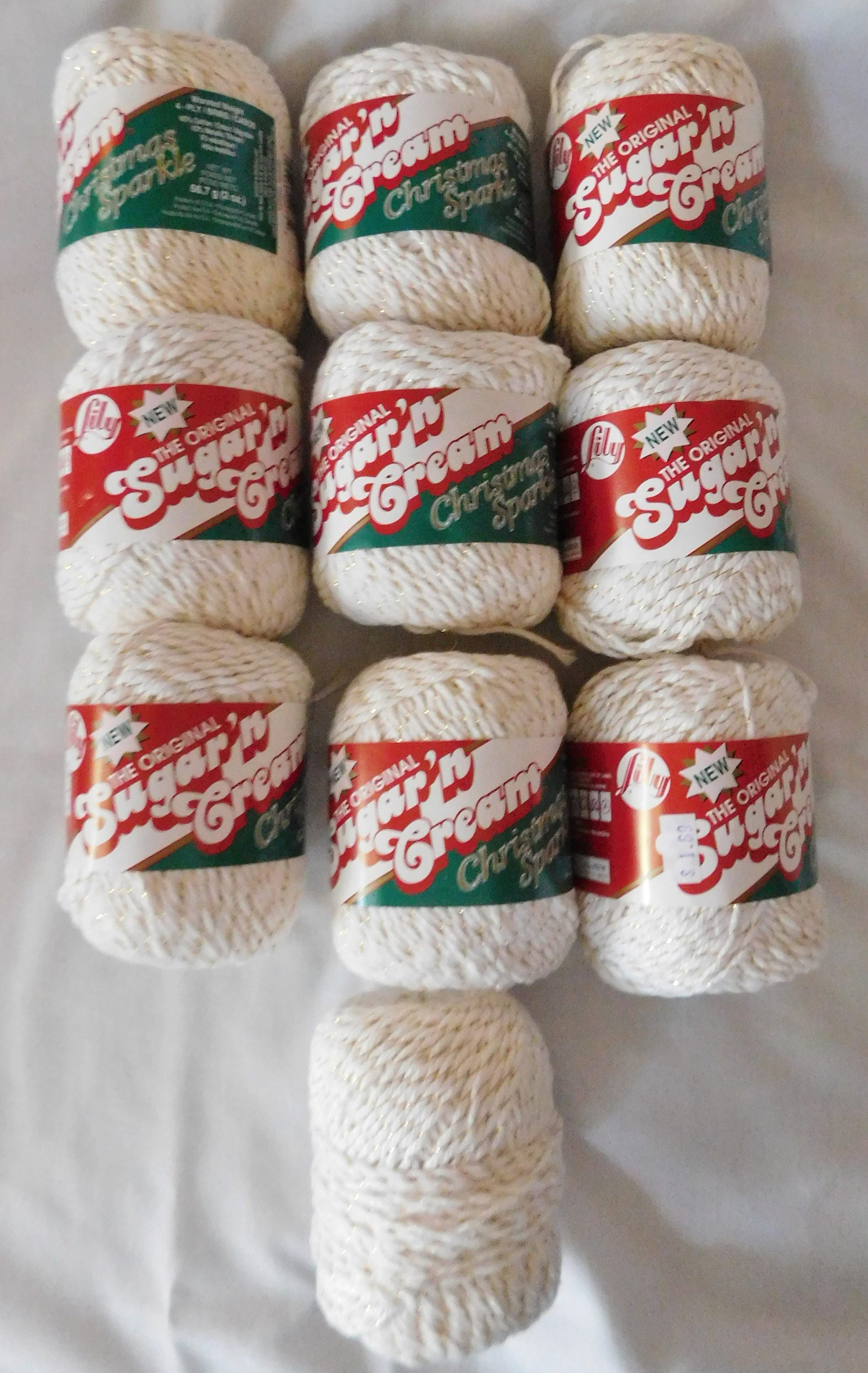 10 Skeins SUGAR & CREAM yarn Christmas Sparkle ivory metallic