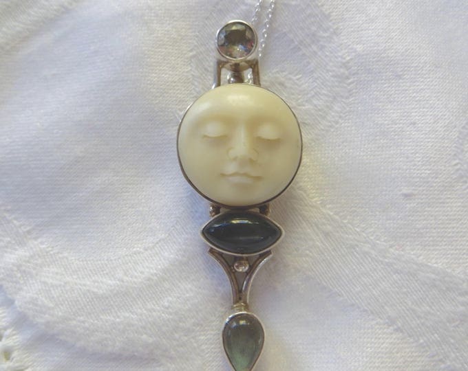 Sajen Moon Face Necklace, Moonface Pendant, Sterling Oxbone Moonstone, Vintage Sajen Jewelry