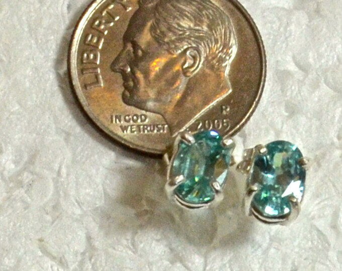 Blue Zircon Studs, 7x5mm Oval, Natural, Set in Sterling Silver E953