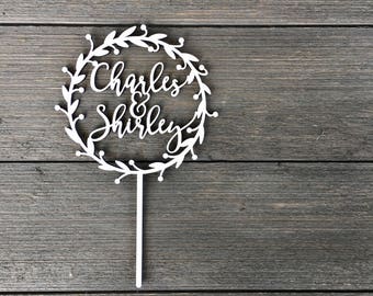 Personalized Circle Holly Wreath Names Wedding Cake Topper 55D Inches Custom Personalized Circle Holly Wreath Names Wedding Cake Topper 55D Inches Custom