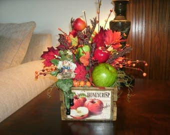 Seasonal, Fall Crate Floral Arrangement, Scarecrow Centerpiece, Fall Apple Harvest, Thanksgiving, Holiday Decor, Home Decor, Office Decor,