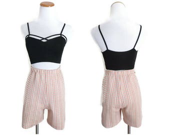 60s Shorts Orange High Waisted Short 1960s Mod Size Medium Large Stretchy High Rise 1970s 70s Checkered Brown White