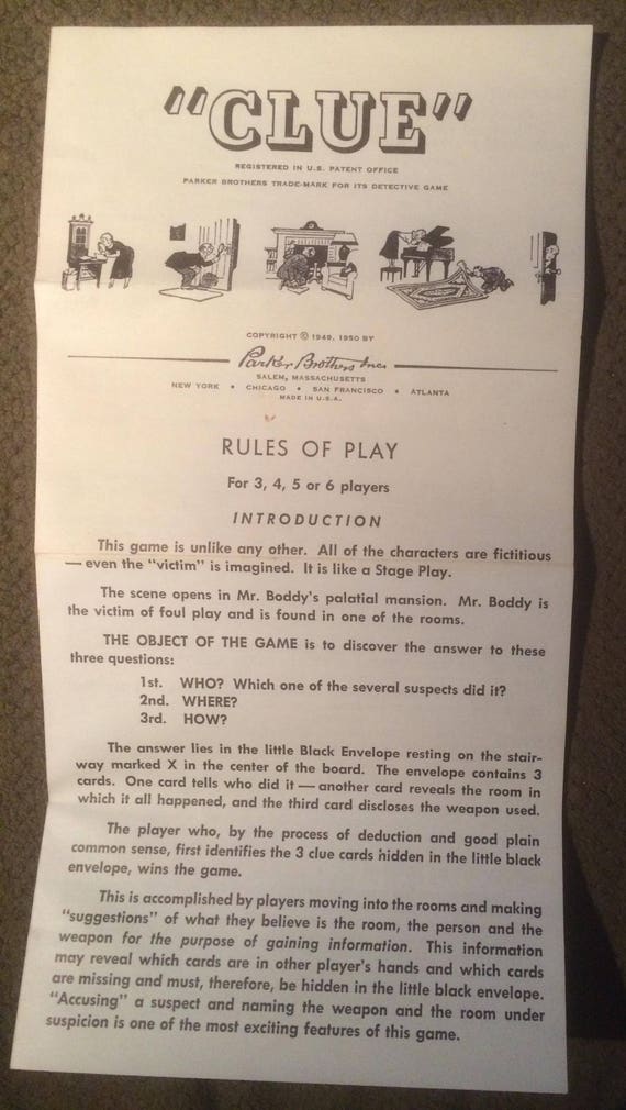 Original Clue The Board Game Rules Of Play Paper 1950 Original Clue The Board Game Rules Of Play Paper 1950