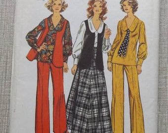 Blouse with V Shaped Neckline, Ankle Length Skirt, Vest, and Pants In Size 18 Uncut/FF Pieces Vintage 70s Sewing Pattern 5302